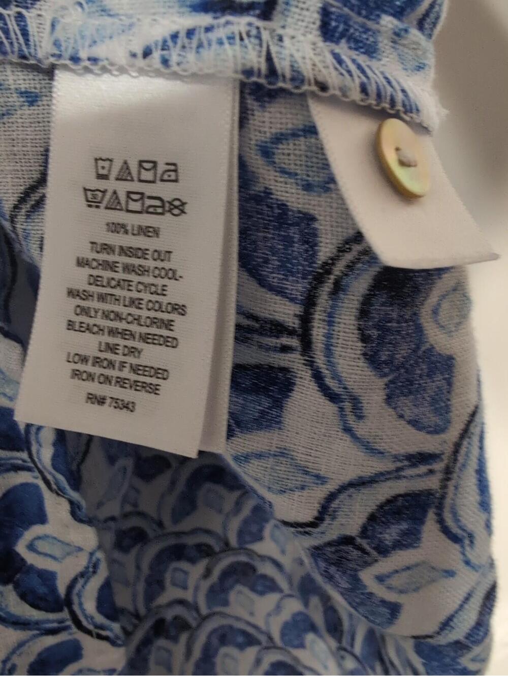 Sigrid Olsen Blue White Scallop Shell Print Linen V-Neck Blouse Women's 1X (1362 - Picture 4 of 5